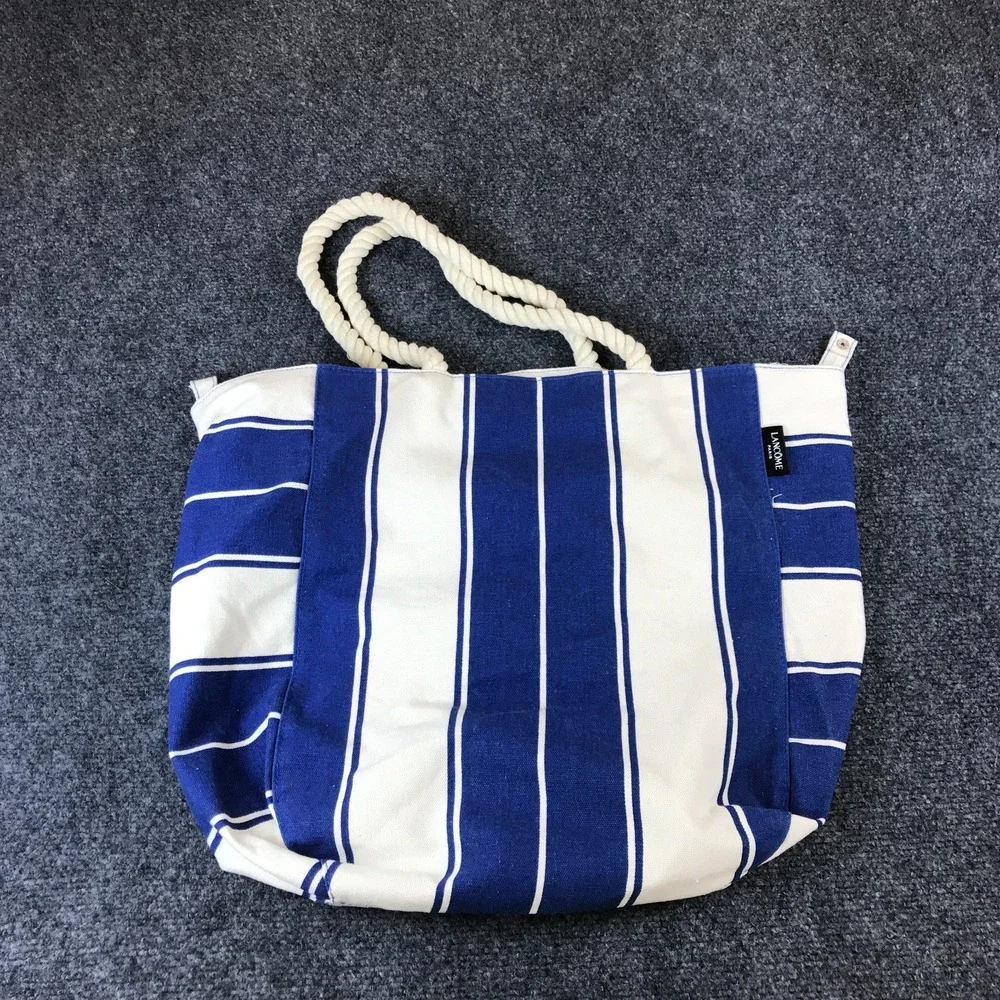 Lancôme Paris Tote Bag White Blue Striped Canvas Rope Double Handle Shopping Bag